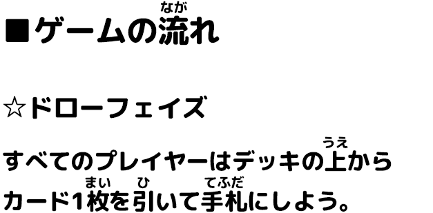 ■ゲームの流れ ☆ドローフェイズ すべてのプレイヤーはデッキの上からカード1枚を引いて手札にしよう。