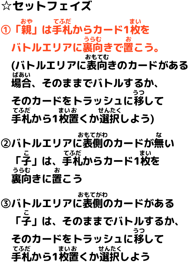 ☆セットフェイズ ①「親」は手札からカード1枚をバトルエリアに裏向きで置こう。(バトルエリアに表向きのカードがある場合、そのままでバトルするか、そのカードをトラッシュに移して手札から1枚置くか選択しよう) ②バトルエリアに表側のカードが無い「子」は、手札からカード1枚を裏向きに置こう ③バトルエリアに表側のカードがある「子」は、そのままでバトルするか、そのカードをトラッシュに移して手札から1枚置くか選択しよう