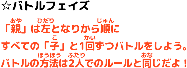 ☆バトルフェイズ 「親」は左となりから順にすべての「子」と1回ずつバトルをしよう。バトルの方法は2人でのルールと同じだよ！