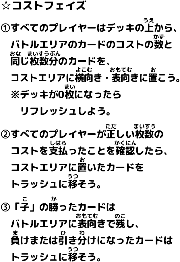 ☆コストフェイズ ①すべてのプレイヤーはデッキの上から、バトルエリアのカードのコストの数と同じ枚数分のカードを、コストエリアに横向き・表向きに置こう。※デッキが0枚になったらリフレッシュしよう。 ②すべてのプレイヤーが正しい枚数のコストを支払ったことを確認したら、コストエリアに置いたカードをトラッシュに移そう。 ③「子」の勝ったカードはバトルエリアに表向きで残し、負けまたは引き分けになったカードはトラッシュに移そう。