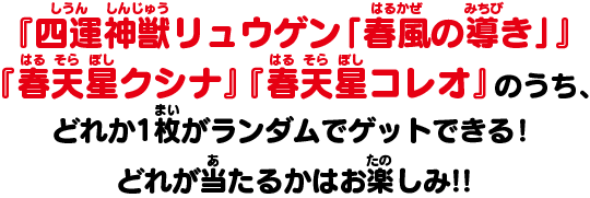 「祭娘ムジナ」「宝武者コクヨウ」「シグマ」のうち、どれか1枚がランダムでゲットできる！どれが当たるかはお楽しみ!!